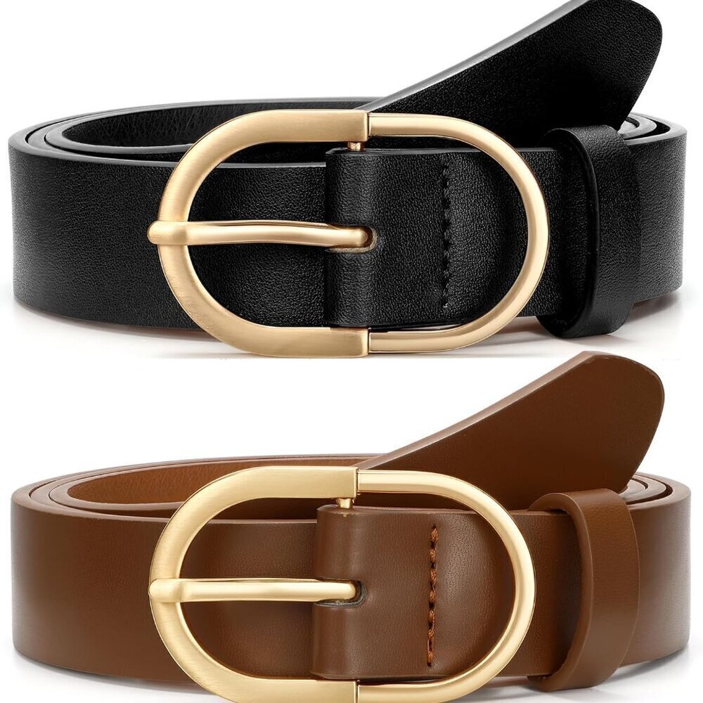 Women's Faux Leather Belt 2 Pack Gold Buckle Casual Dress Waist Accessories